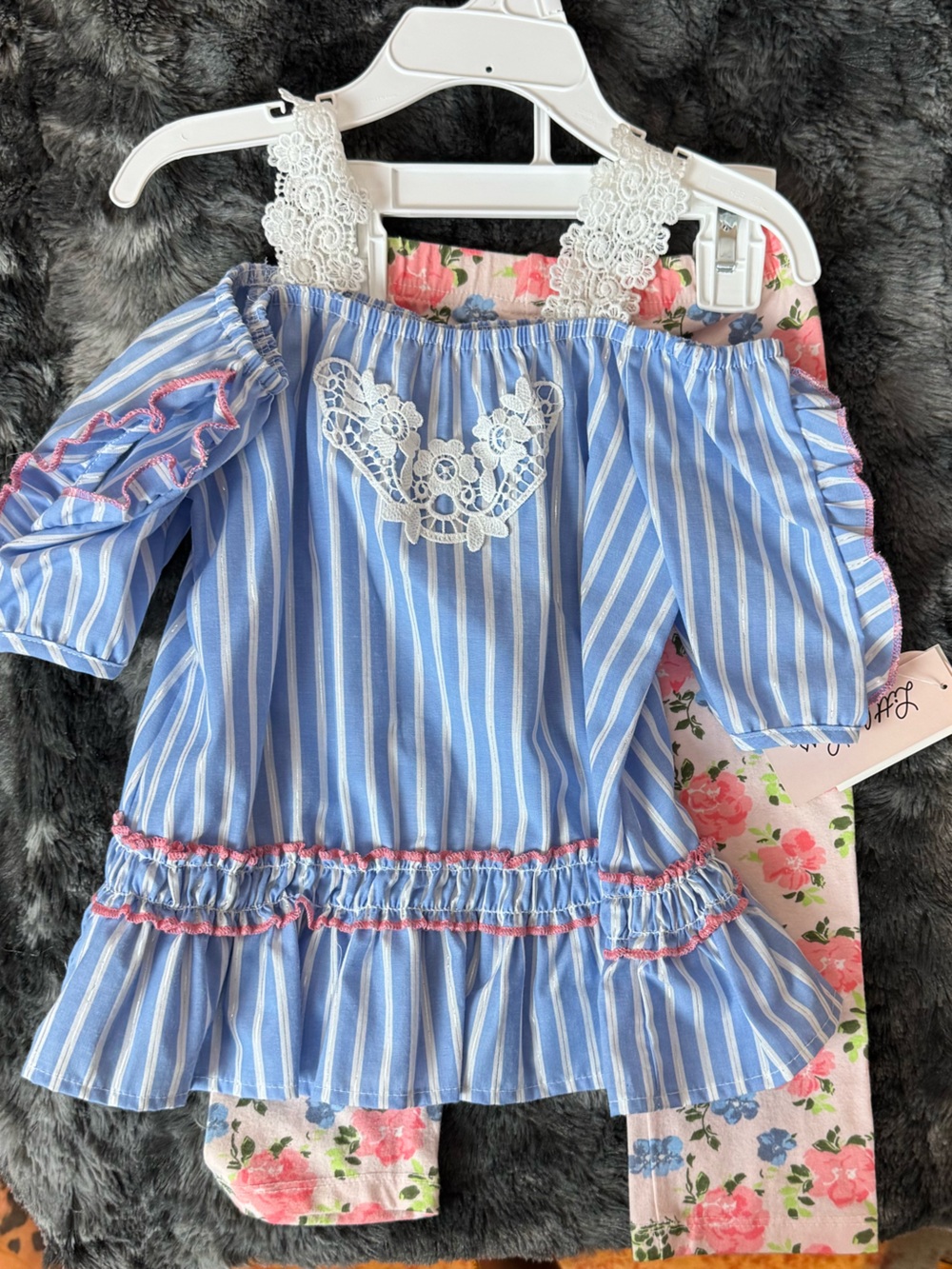 NWT Toddler 4T, Blue & White Striped Girls Peasant Top with Lace
